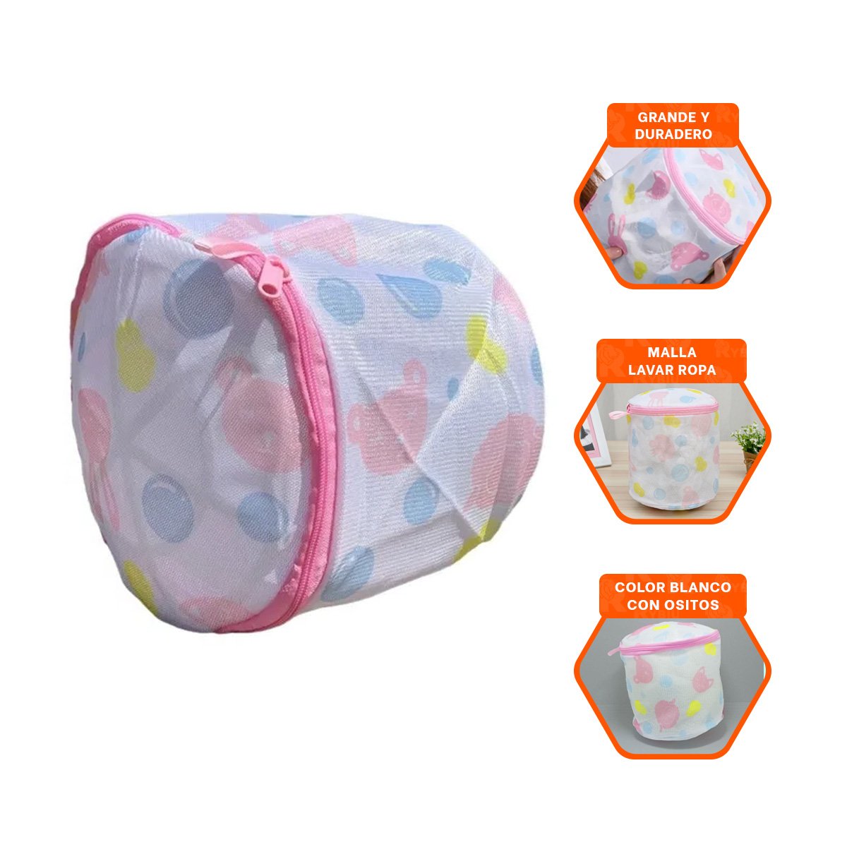 BOLSA MALLA LAVADO ROPA FORMA CILINDRO BLANCO CON OSITOS FINO USO DIARIO Y+PAPEL REGALO - 5