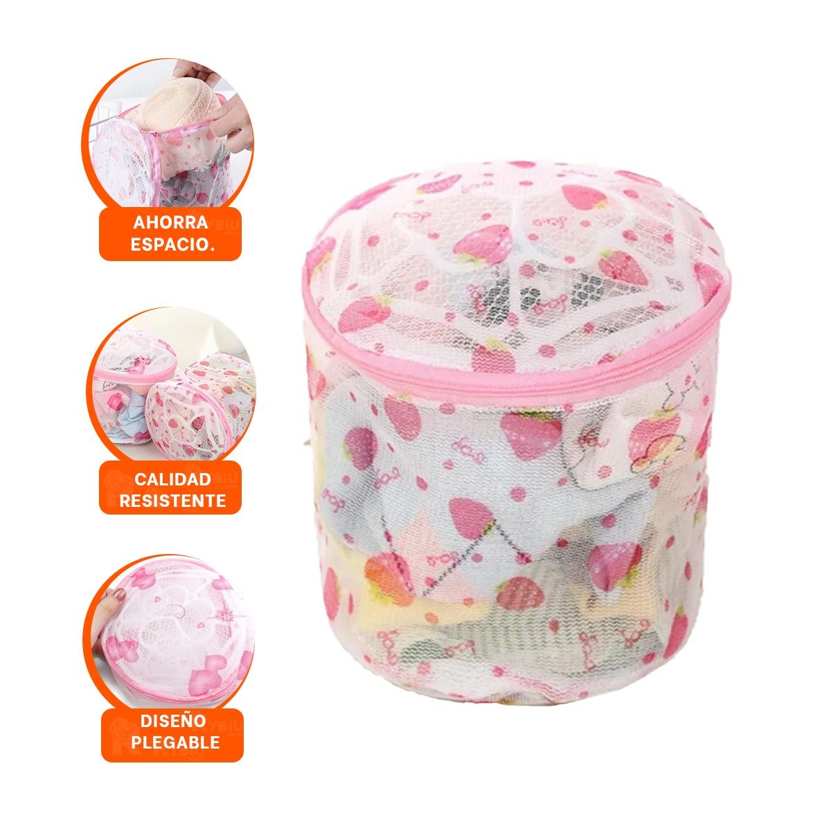 BOLSA MALLA LAVADO ROPA FORMA CILINDRO BLANCO CON FRESAS FINO USO DIARIO Y+PAPEL REGALO - 5