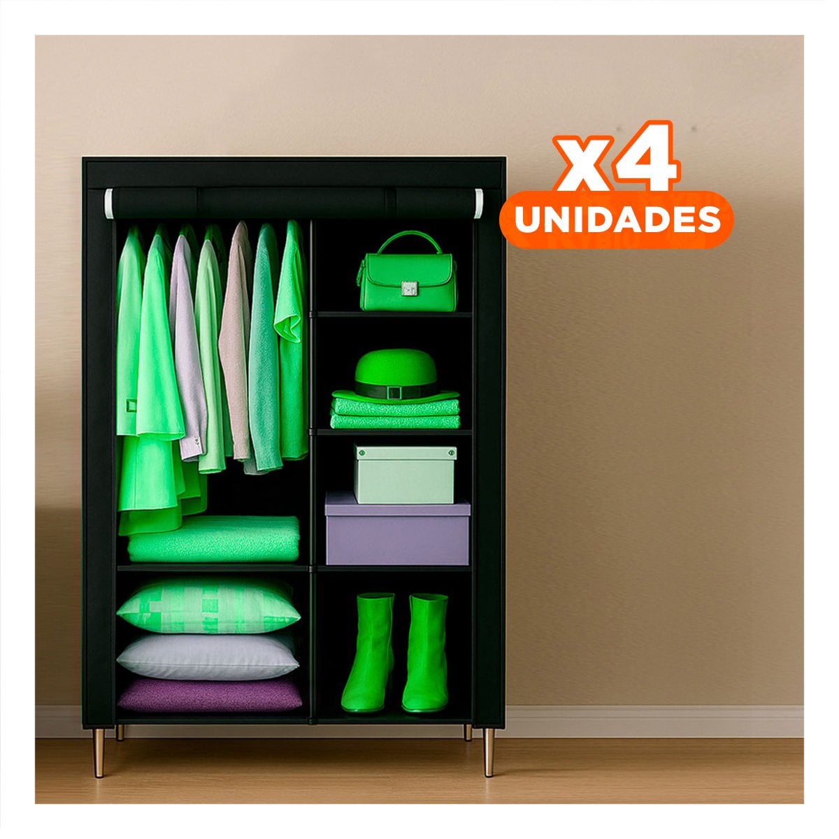 PACK4 VESTIDOR DE TELA CON ESTRUCTURA DE METAL 105X45X168CM NEGRO DORMITORIO Y+PAPEL REGALO - 1