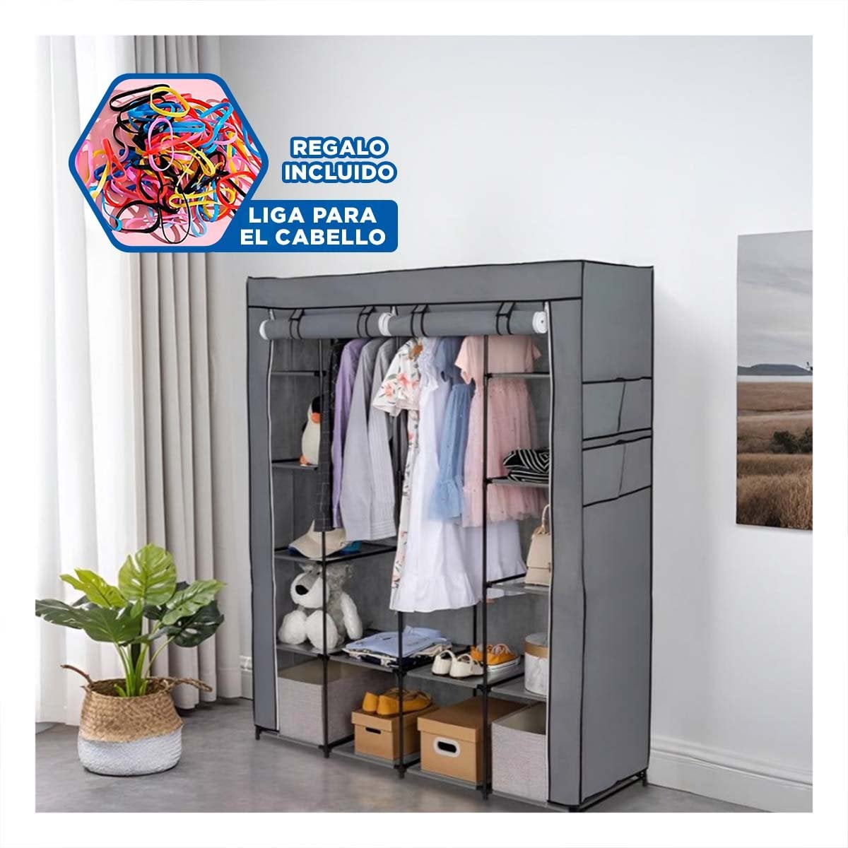 CLOSET LIGERO TEXTIL CON BASE METALICA PLOMO PARA CASA 175X45X130CM Y+LIGAS REGALO - 2