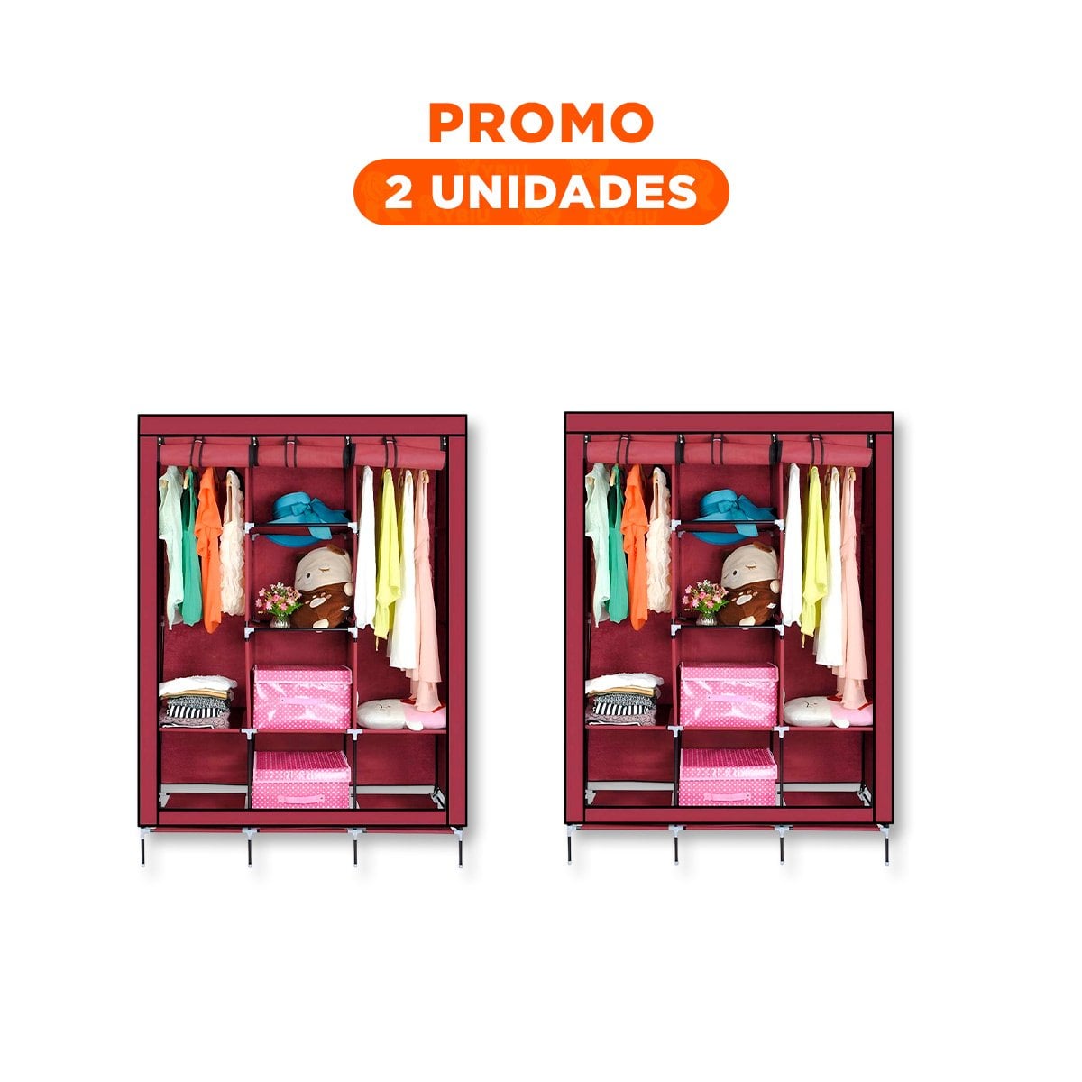 PACK2 ORGANIZADOR DE ROPA EN TELA CON SOPORTE METALICO GUINDA 175X45X130CM Y+REGALO STICKER - 1