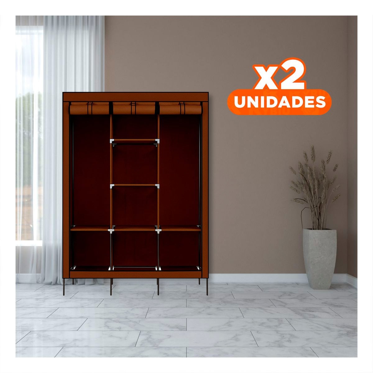 PACK2 ORGANIZADOR AMPLIO DE ROPA EN TELA CON BASE METALICA MARRON 175X45X130CM - 1