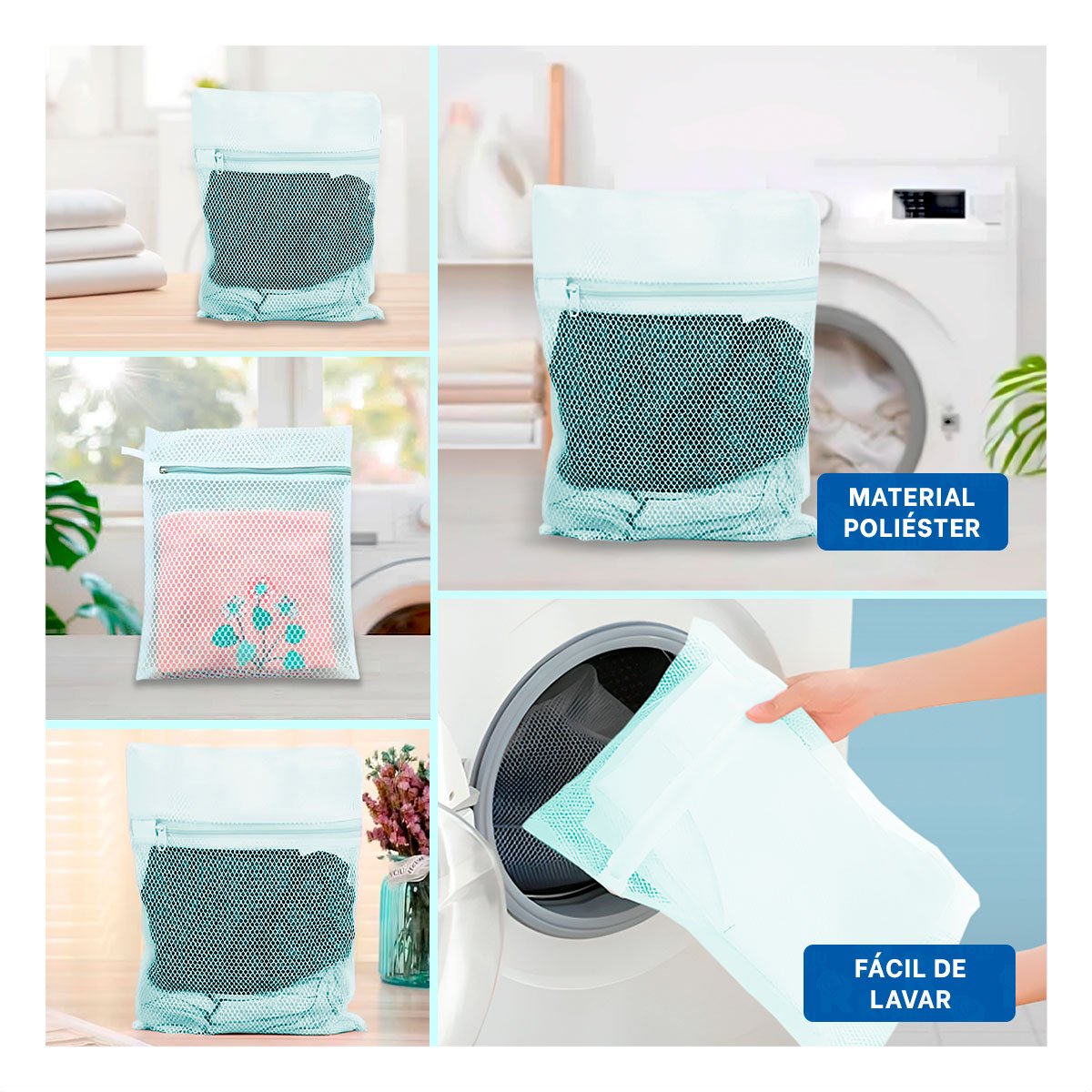 BOLSA MALLA PARA LIMPIEZA ROPA FORMATO RECTANGULAR 40X30CM CELESTE SEGURO Y+POST IT - 2