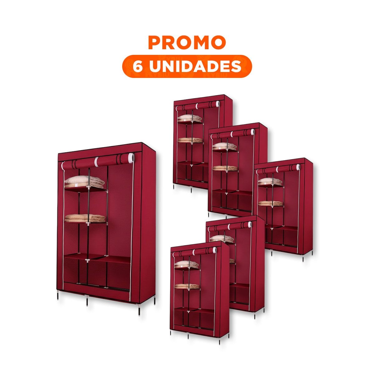 PACK6 ROPERO FUNCIONAL DE TELA CON ESTRUCTURA METALICA GUINDA 105X45X168CM Y+REGALO STICKER - 1