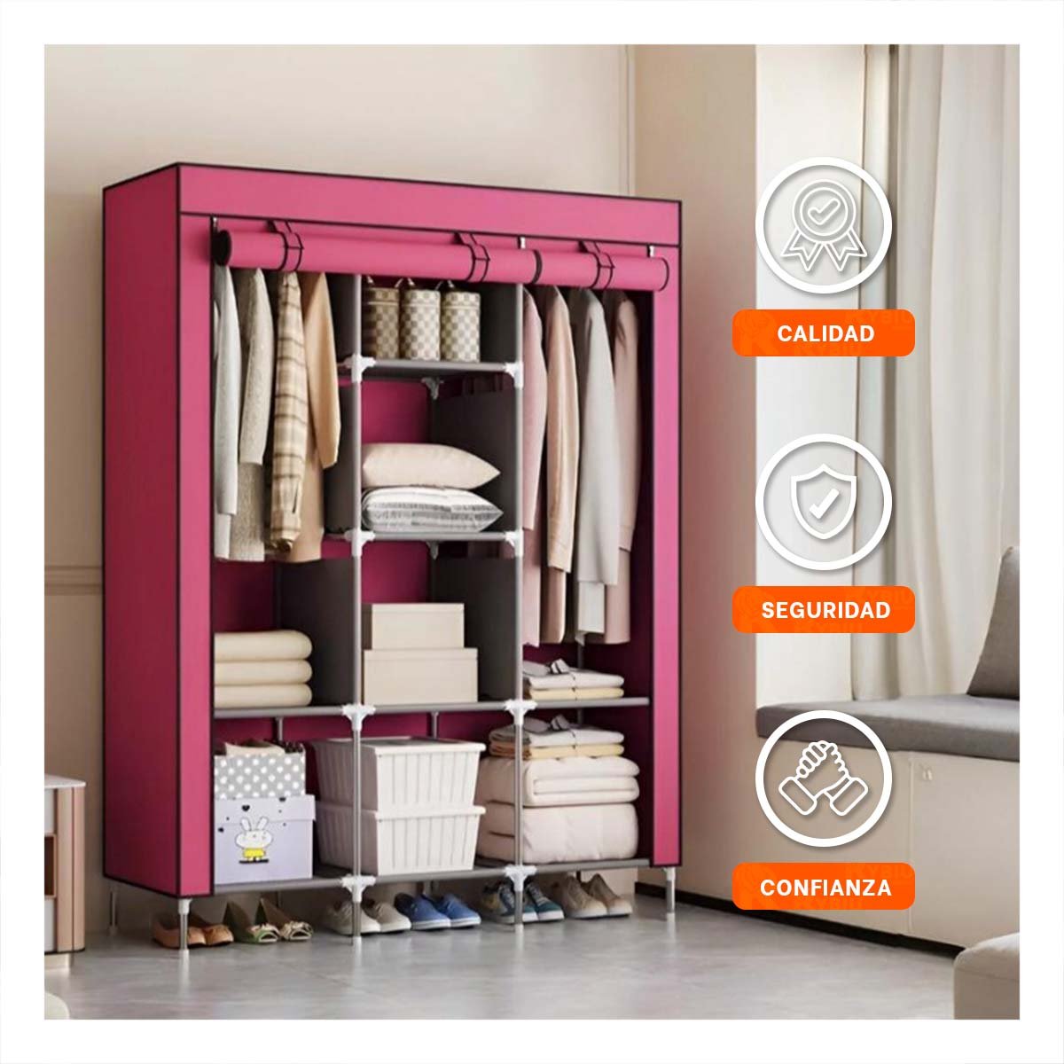 CLOSET COMPACTO TEXTIL CON BASE METALICA FIRME GUINDA HOGAR 175X45X130CM - 1