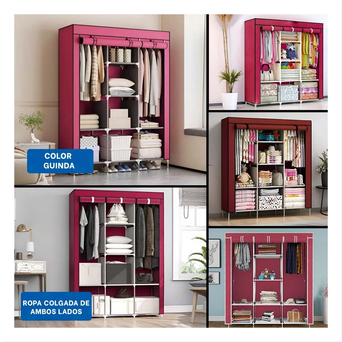 CLOSET COMPACTO TEXTIL CON BASE METALICA FIRME GUINDA HOGAR 175X45X130CM - 2