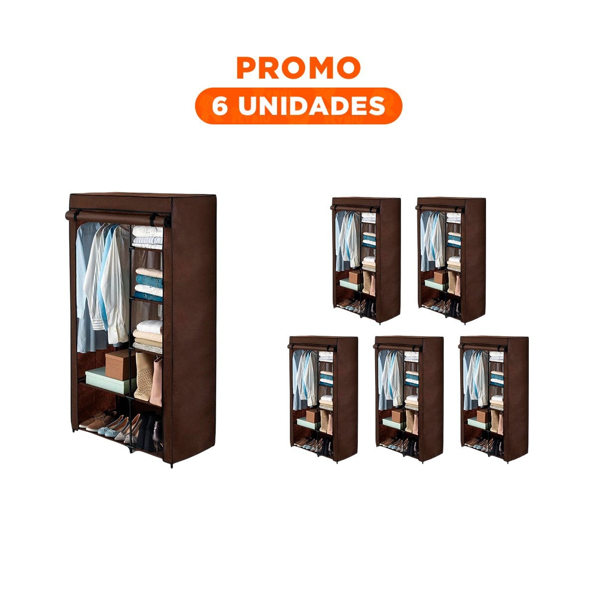 PACK6 ROPERO FUNCIONAL DE TELA CON ESTRUCTURA METALICA MARRON 105X45X168CM Y+REGALO STICKER - 1
