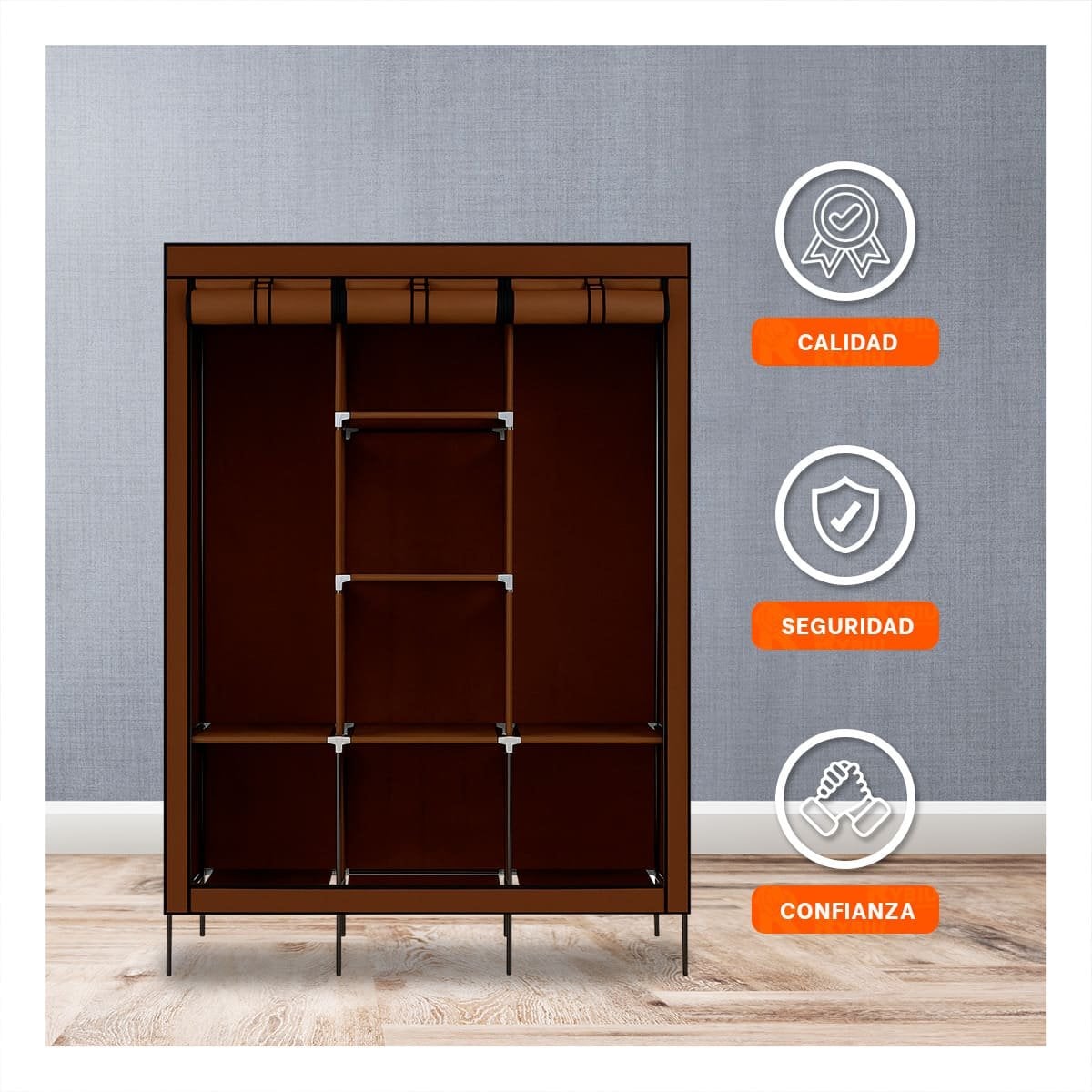 CLOSET FUNCIONAL TEXTIL CON SOPORTE METALICO MARRON CASA 175X45X130CM Y+REGALO STICKER - 5