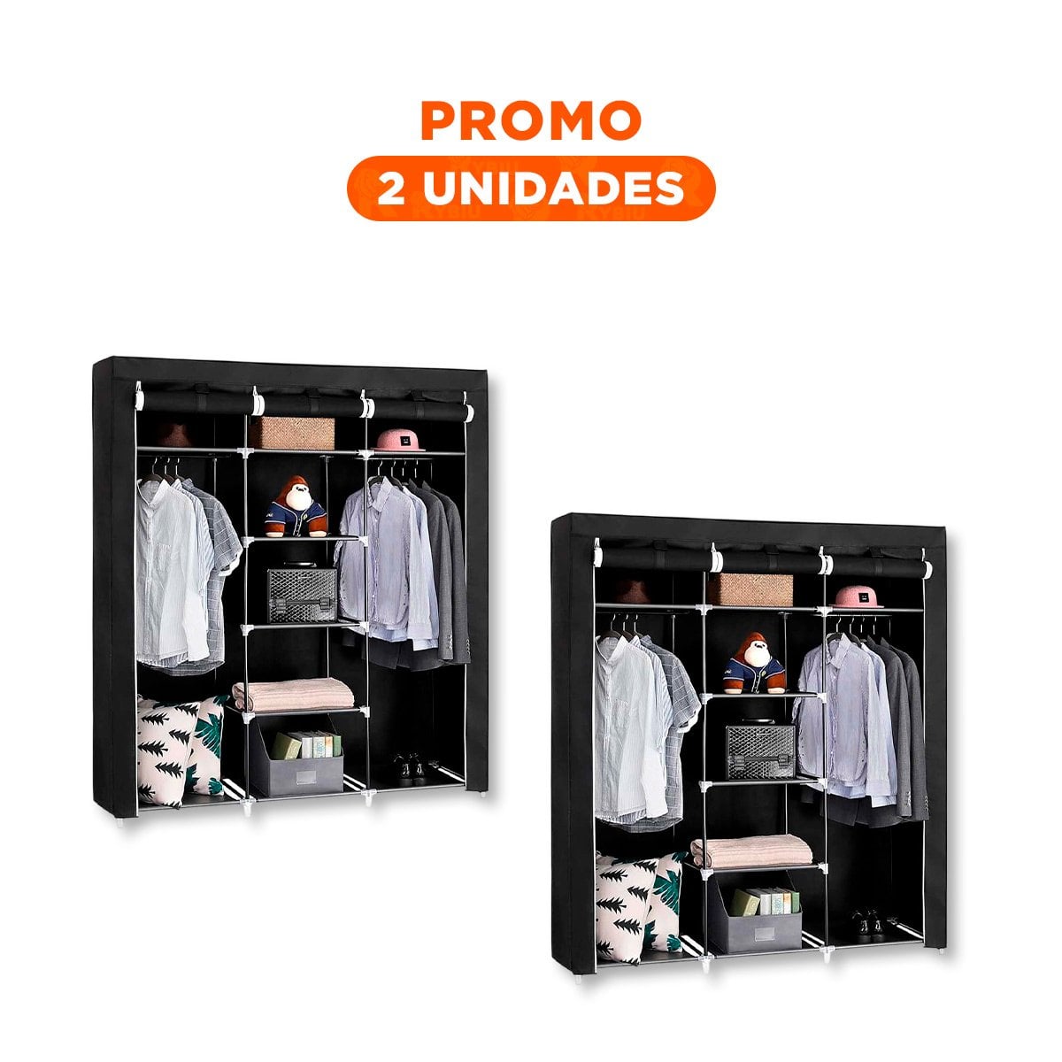PACK2 ORGANIZADOR ELEGANTE DE ROPA EN TELA METALICO NEGRO 175X45X130CM Y+REGALO STICKER - 1