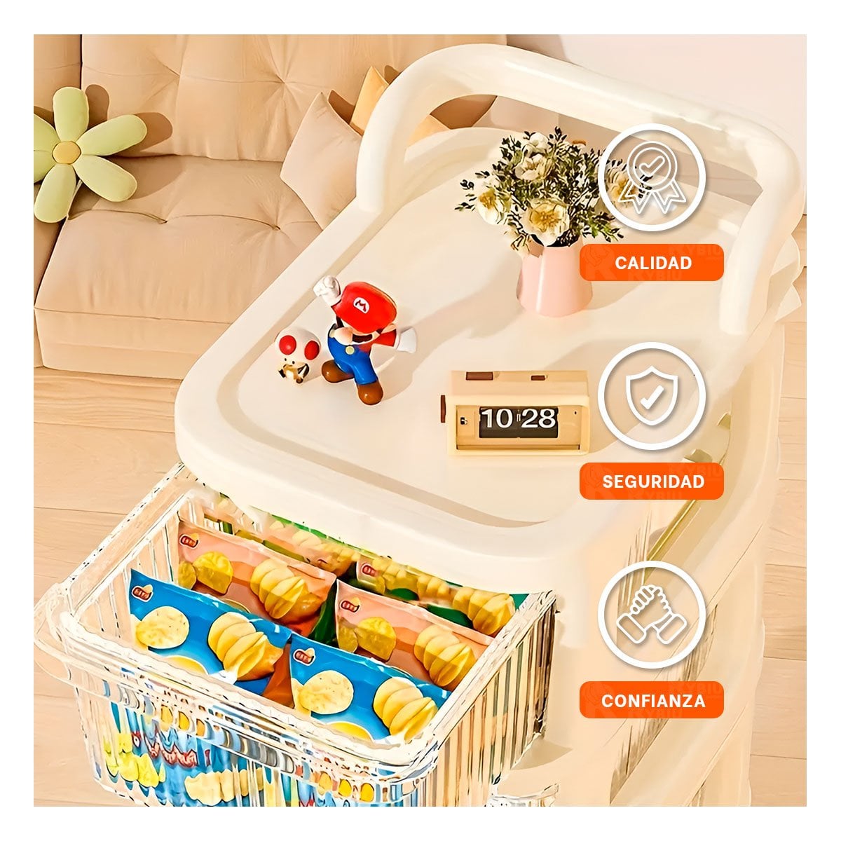 CARRITO ORGANIZADOR CERRADO CON CAJONES 4 NIVELES Y ASA BEIGE CLARO HOGAR - 1