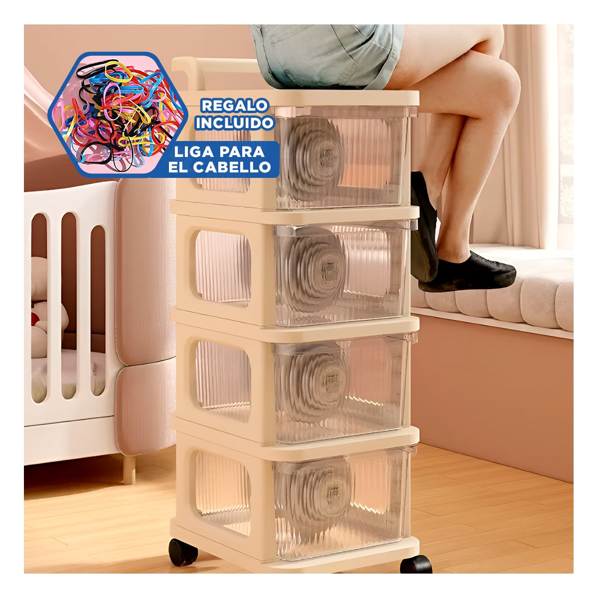CARRITO ORGANIZADOR CERRADO CON CAJONES 4 NIVELES Y ASA BEIGE CLARO FUNCIONAL Y+LIGAS REGALO - 2