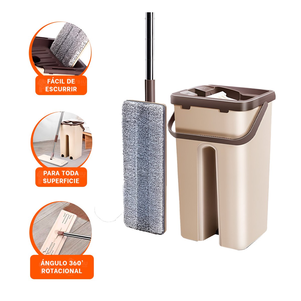 TRAPEADOR GIRATORIO 360 CON BALDE CENTRIFUGADOR BEIGE Y MARRON USO DIARIO Y+PAPEL REGALO - 5