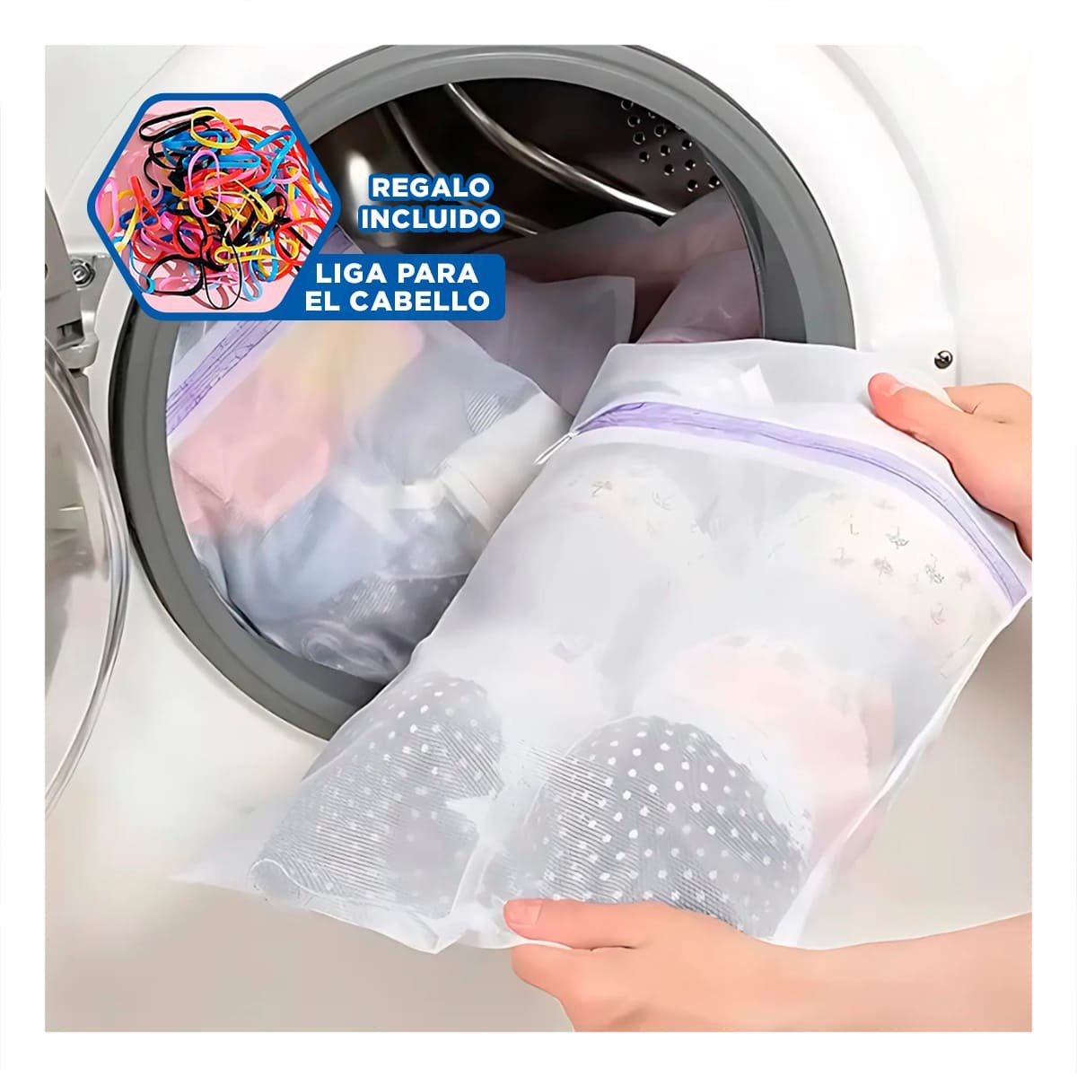 PORTA ROPA 3 BOLSAS DE MALLA PARA LAVAR ROPA RECTANGULAR BLANCO Y+LIGAS REGALO - 2