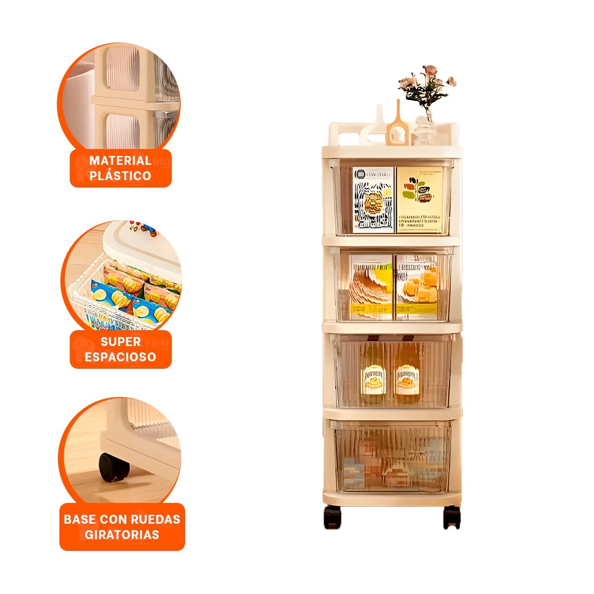 CARRITO ORGANIZADOR CERRADO CON CAJONES 4 NIVELES Y ASA BEIGE CLARO MULTIUSO Y+PAPEL REGALO - 5