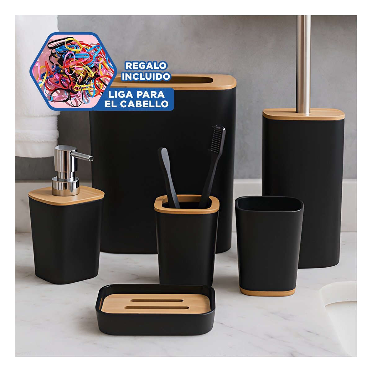 SET ORGANIZADOR DE HIGIENE SET DE 6 PIEZAS NEGRO ESTILO MODERNO UNICO Y+LIGAS REGALO - 2