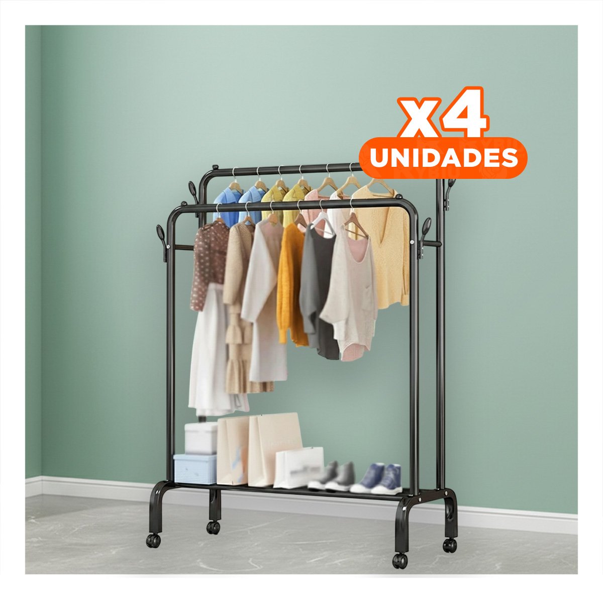 PACK4 ORGANIZADOR ESTANTE PERCHERO DOBLE CON 1 NIVEL INFERIOR NEGRO USO INTERIOR Y+PAPEL REGALO - 1