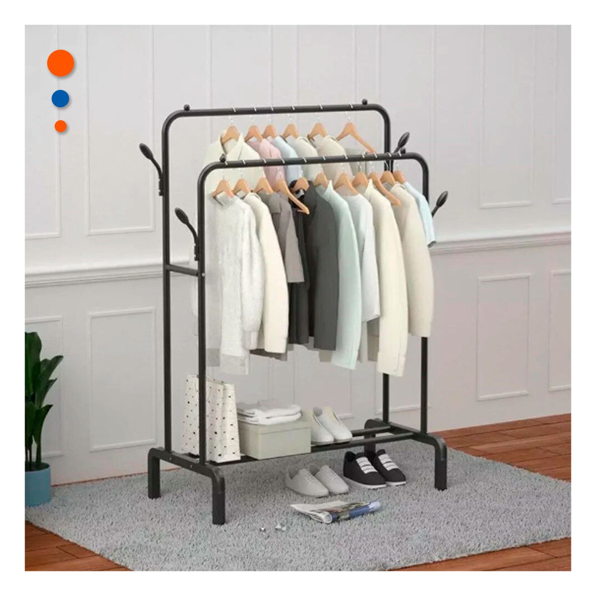 PACK4 ORGANIZADOR ESTANTE PERCHERO DOBLE CON 1 NIVEL INFERIOR NEGRO USO INTERIOR Y+PAPEL REGALO - 5