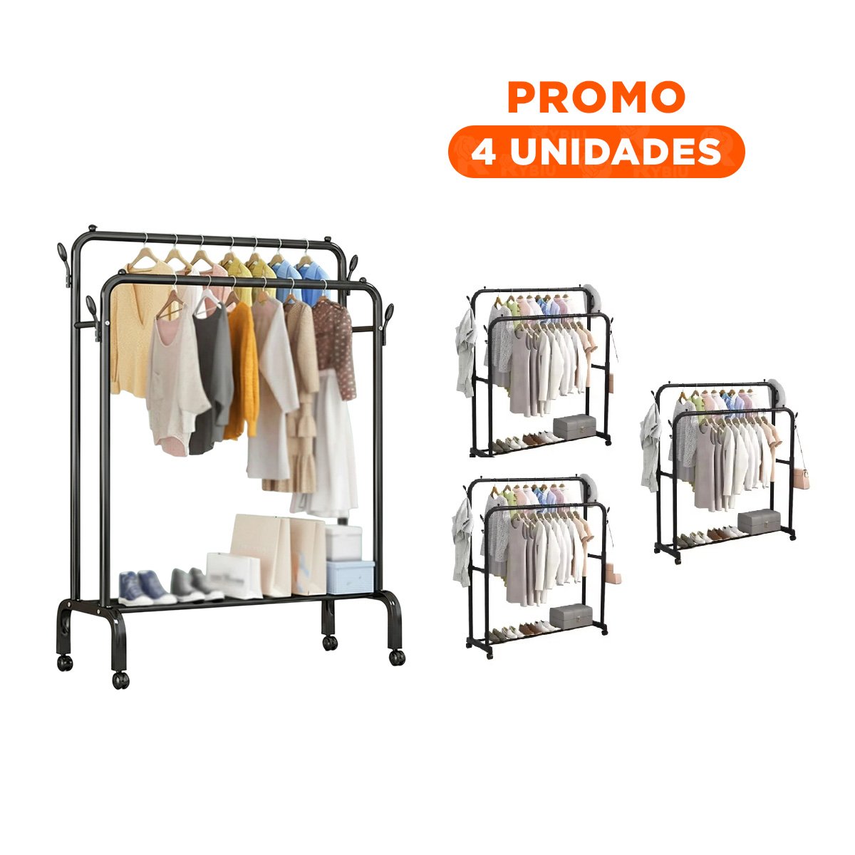 PACK4 ORGANIZADOR ESTANTE PERCHERO DOBLE CON 1 NIVEL INFERIOR NEGRO SOPORTE SEGURO - 1