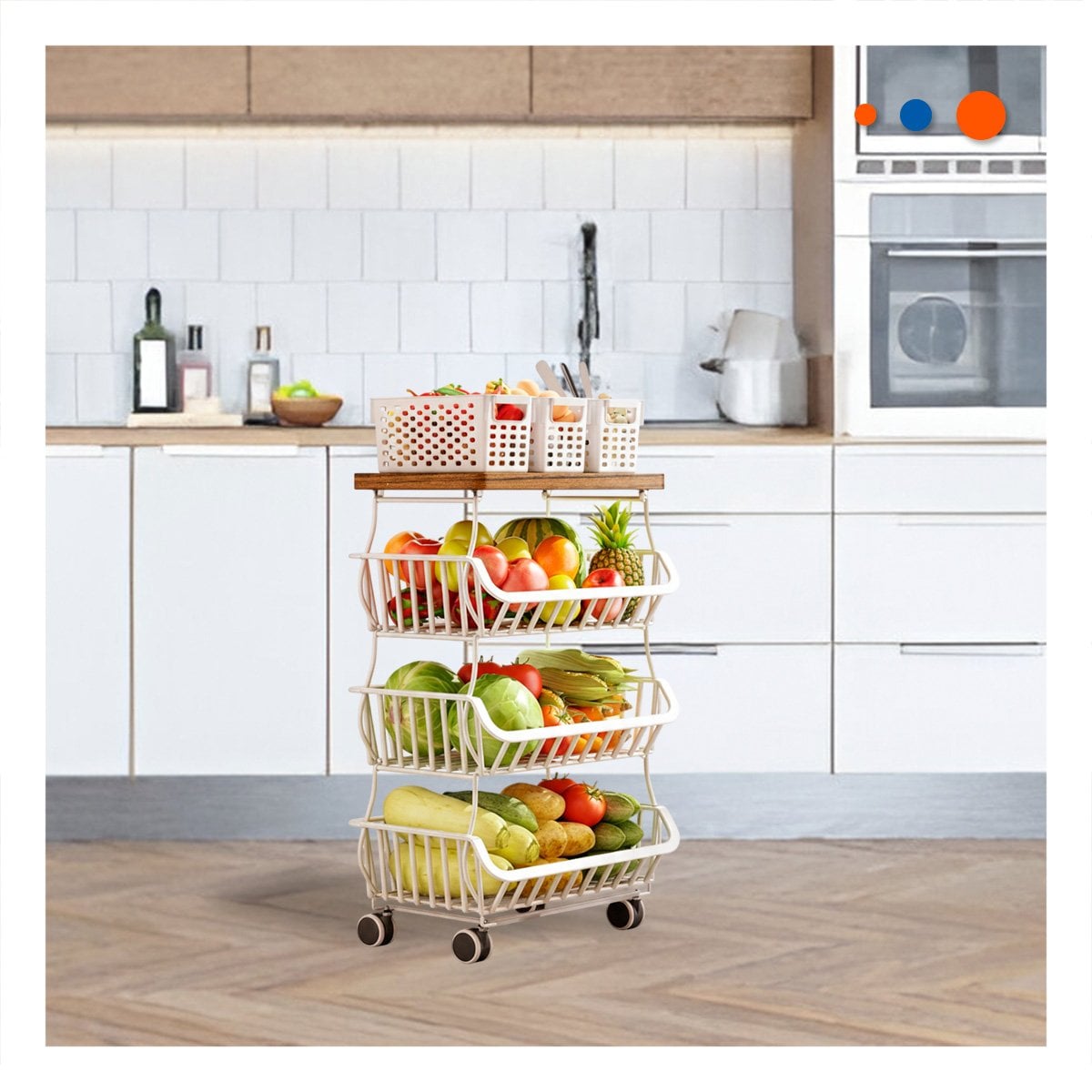 CESTA ESTANTE DE 4 NIVELES DE ACERO Y MADERA CON RUEDAS BLANCO HOGAR PRACTICO Y+PAPEL REGALO - 1