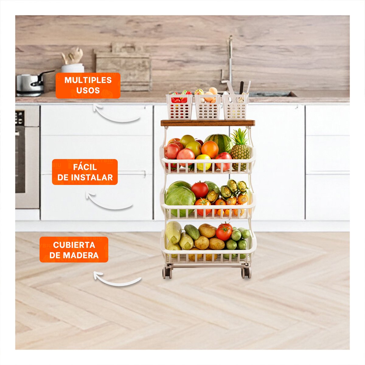 CESTA ESTANTE DE 4 NIVELES DE ACERO Y MADERA CON RUEDAS BLANCO HOGAR PRACTICO Y+PAPEL REGALO - 2