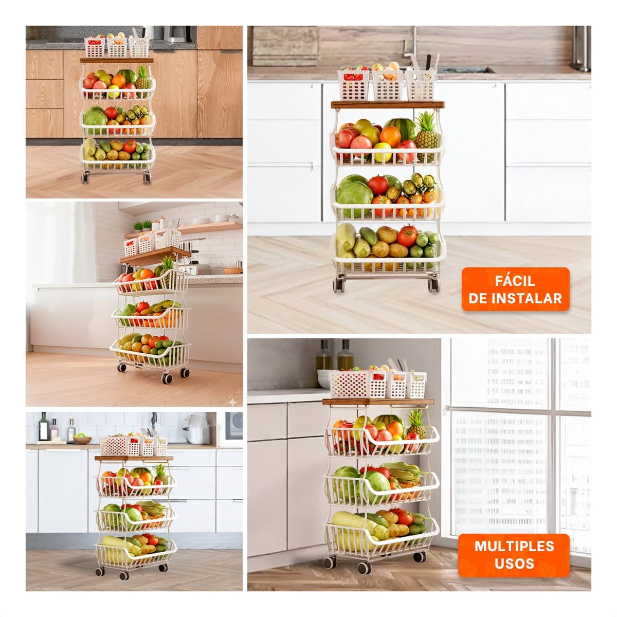 CESTA ESTANTE DE 4 NIVELES DE ACERO Y MADERA CON RUEDAS BLANCO HOGAR PRACTICO Y+PAPEL REGALO - 3