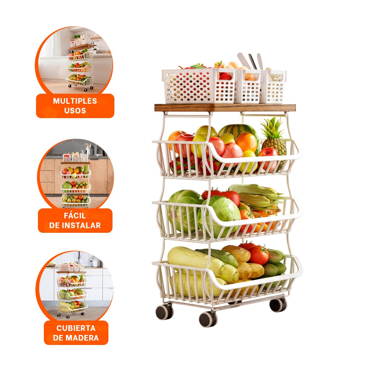 CESTA ESTANTE DE 4 NIVELES DE ACERO Y MADERA CON RUEDAS BLANCO HOGAR PRACTICO Y+PAPEL REGALO - 5