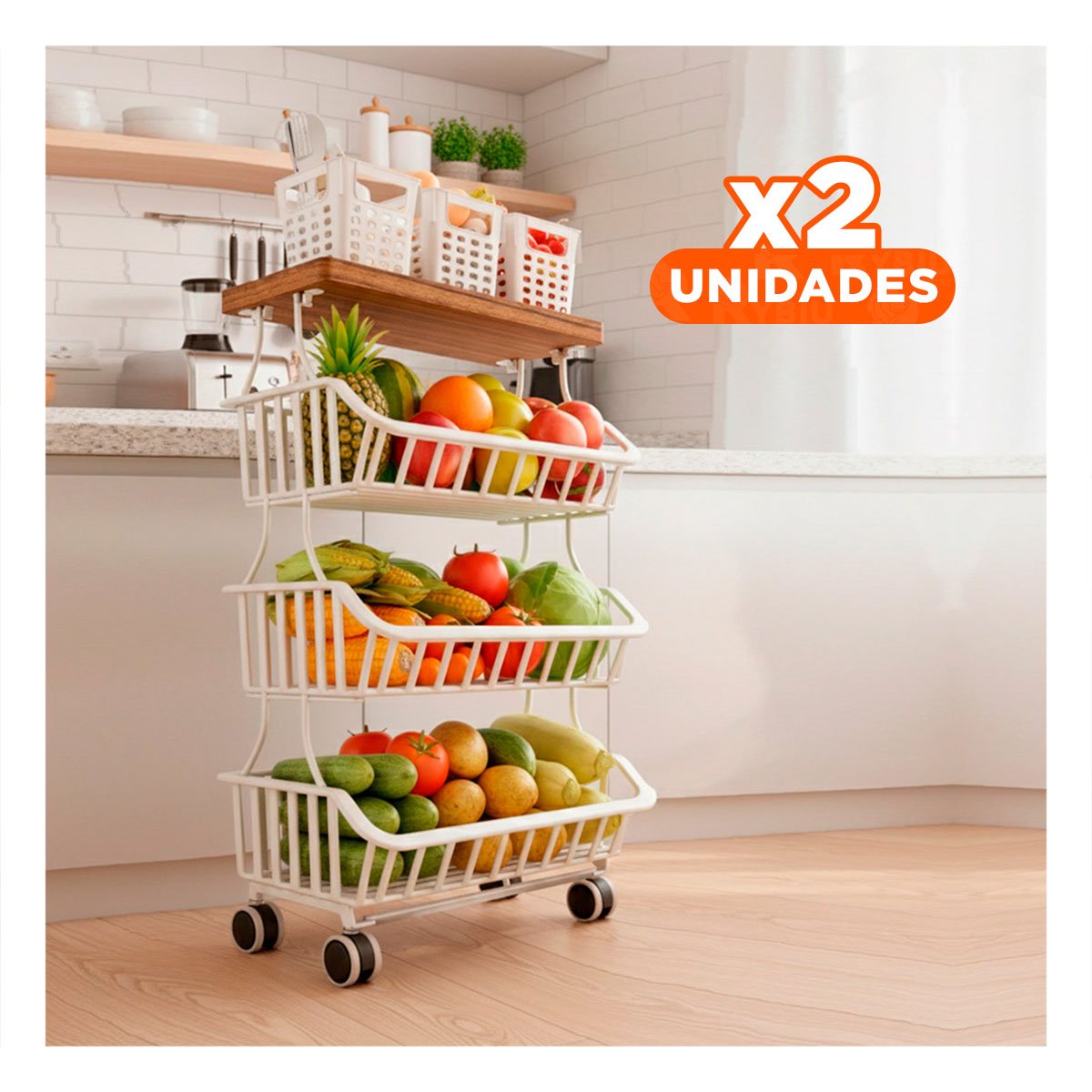 PACK2 MODULO ESTANTE DE 4 NIVELES DE ACERO Y MADERA CON RUEDAS BLANCO FUNCIONAL - 1