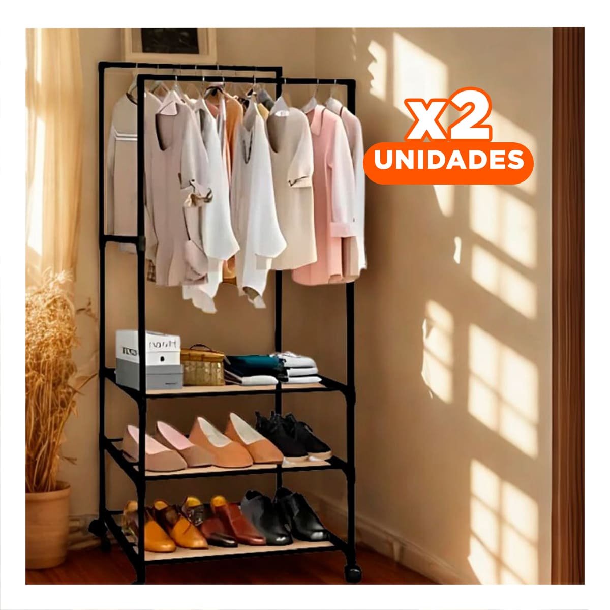 PACK2 ORGANIZADOR DE CALZADO 3 NIVELES CON PERCHERA DOBLE SENCILLO NEGRO Y+PAPEL REGALO - 1