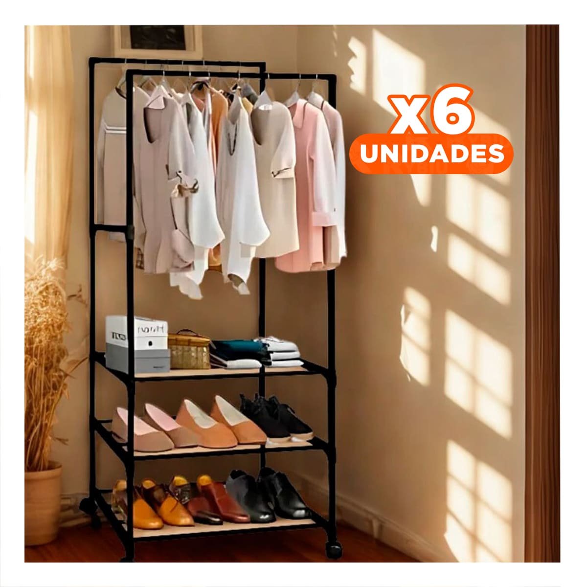 PACK6 SOPORTE ORGANIZADOR 3 NIVELES CON PERCHERA DOBLE VERSATIL PARA CASA NEGRO - 1