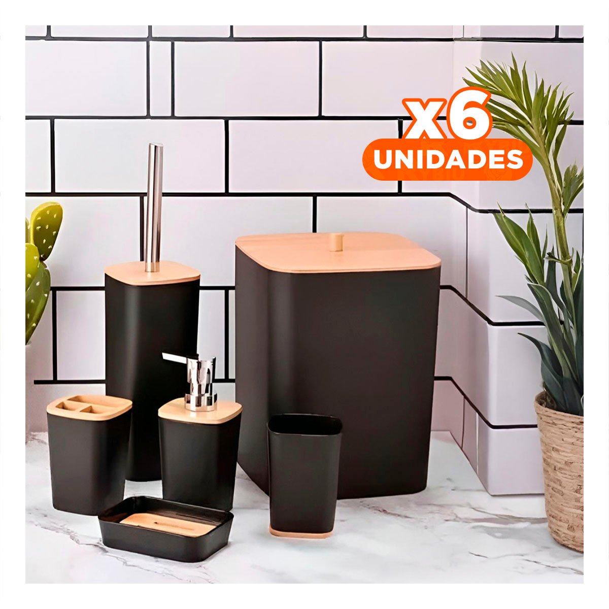 PACK6 SISTEMA ORGANIZADOR DE HIGIENE SET DE 6 PIEZAS NEGRO DISEÑO MODERNO LIGERO Y+PAPEL REGALO - 1
