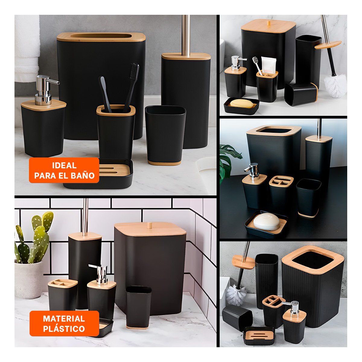 PACK6 SISTEMA ORGANIZADOR DE HIGIENE SET DE 6 PIEZAS NEGRO DISEÑO MODERNO LIGERO Y+PAPEL REGALO - 3