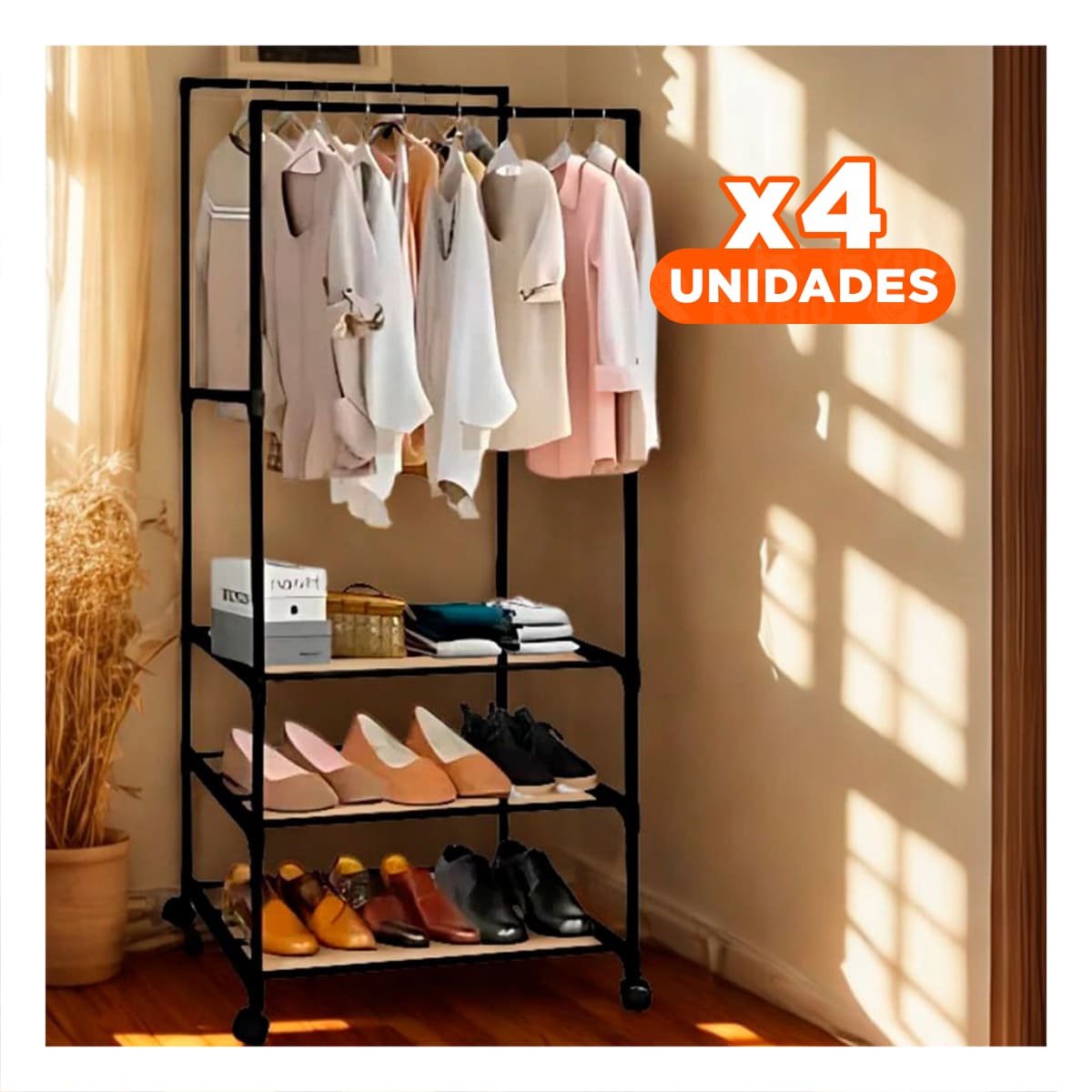 PACK4 ESPACIO PARA ZAPATOS 3 NIVELES CON PERCHERA DOBLE FACIL DE LIMPIAR NEGRO Y+PAPEL REGALO - 1