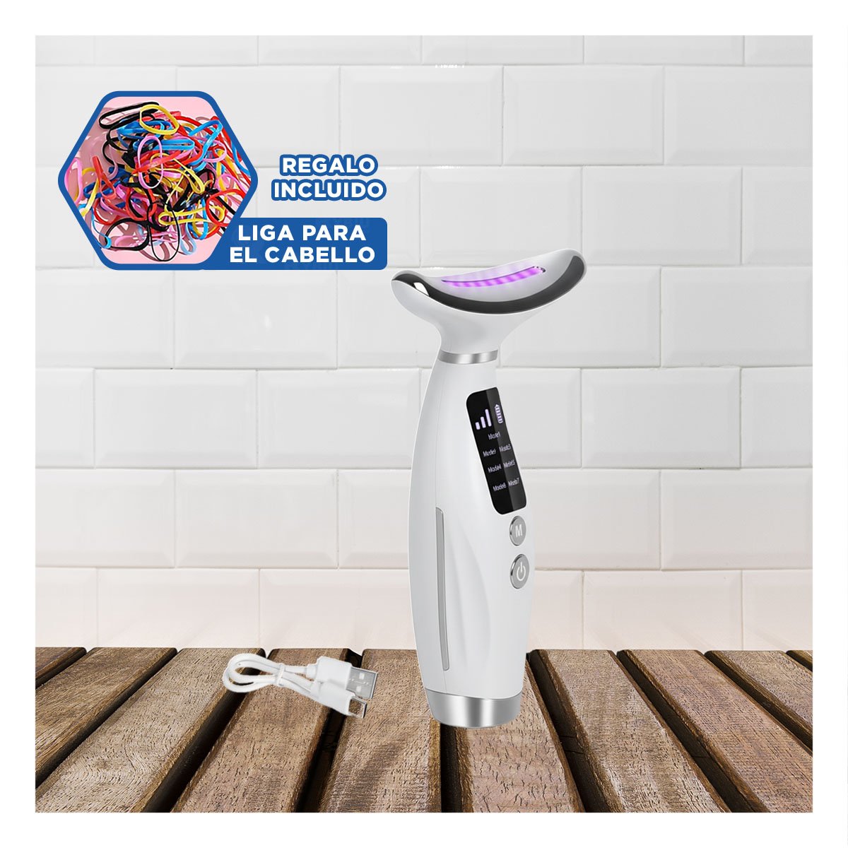 MASAJEADOR FACIAL 7 MODOS DE COLOR CUIDADO DE PIEL BLANCO RECARGABLE Y+LIGAS REGALO - 2