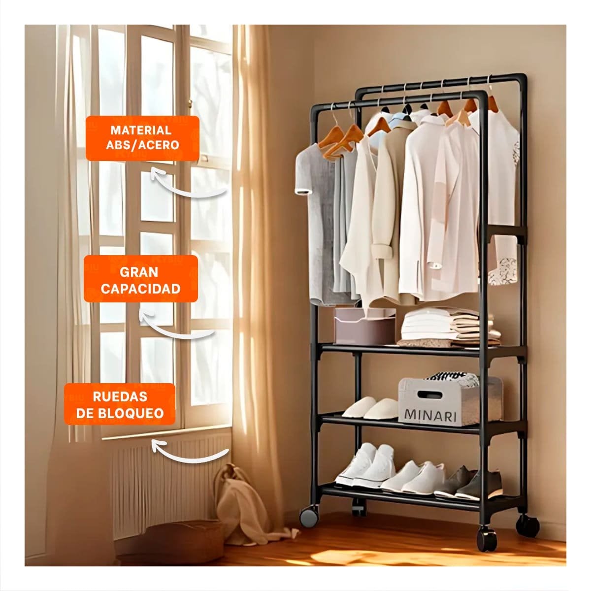 CLOSET ZAPATERO 3 NIVELES CON PERCHERA DOBLE MODERNO Y FUNCIONAL NEGRO Y+PAPEL REGALO - 2
