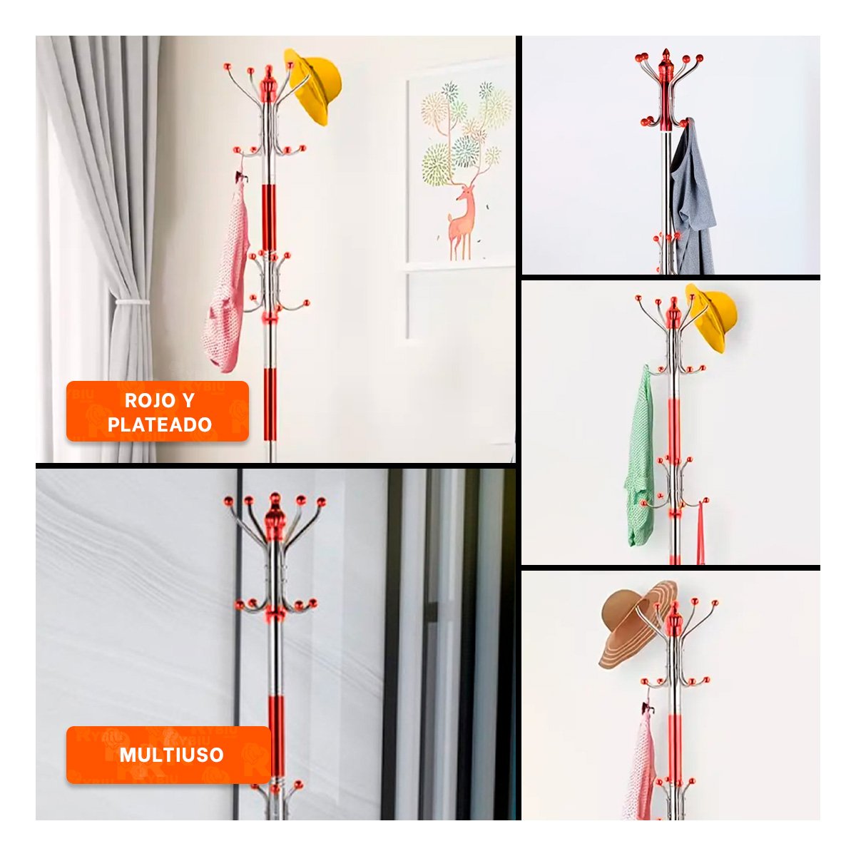 PACK2 SOPORTE DE ROPA 172CM ROJO Y PLATEADO USO DIARIO VERSATIL Y COMODO Y+PAPEL REGALO - 3