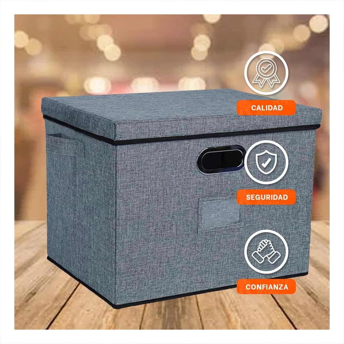CAJA ORGANIZADORA CON TAPA 40X32X26CM PLOMO JASPEADO ESTILO MODERNO Y+REGALO STICKER - 5