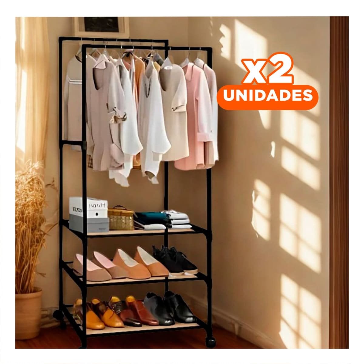 PACK2 MODULO ZAPATERO 3 NIVELES CON PERCHERA DOBLE COMPACTO Y ELEGANTE NEGRO - 1