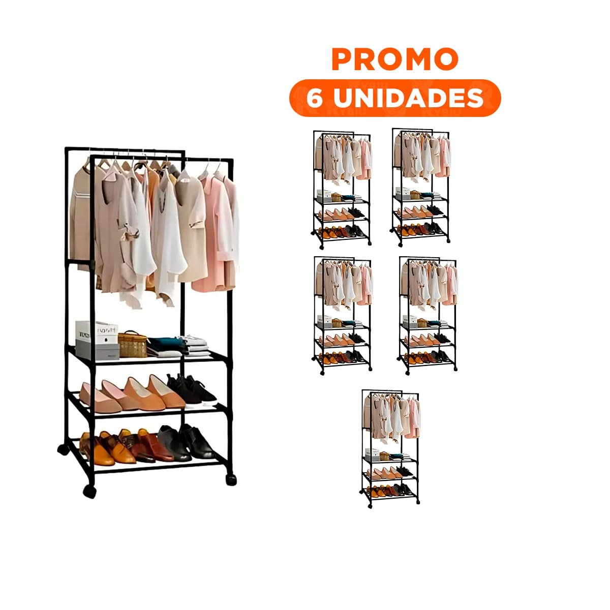 PACK6 TORRE DE CALZADO 3 NIVELES CON PERCHERA DOBLE PARA HABITACION NEGRO Y+REGALO STICKER - 1