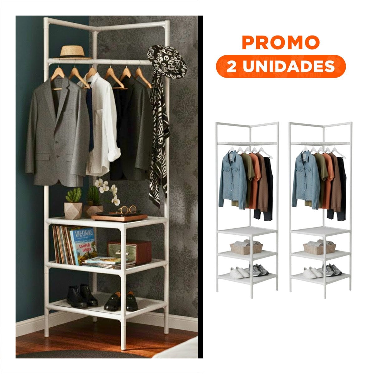 PACK2 ORGANIZACION DE ESQUINA CON PERCHERA Y NIVELES PARA ZAPATOS Y+REGALO STICKER - 1