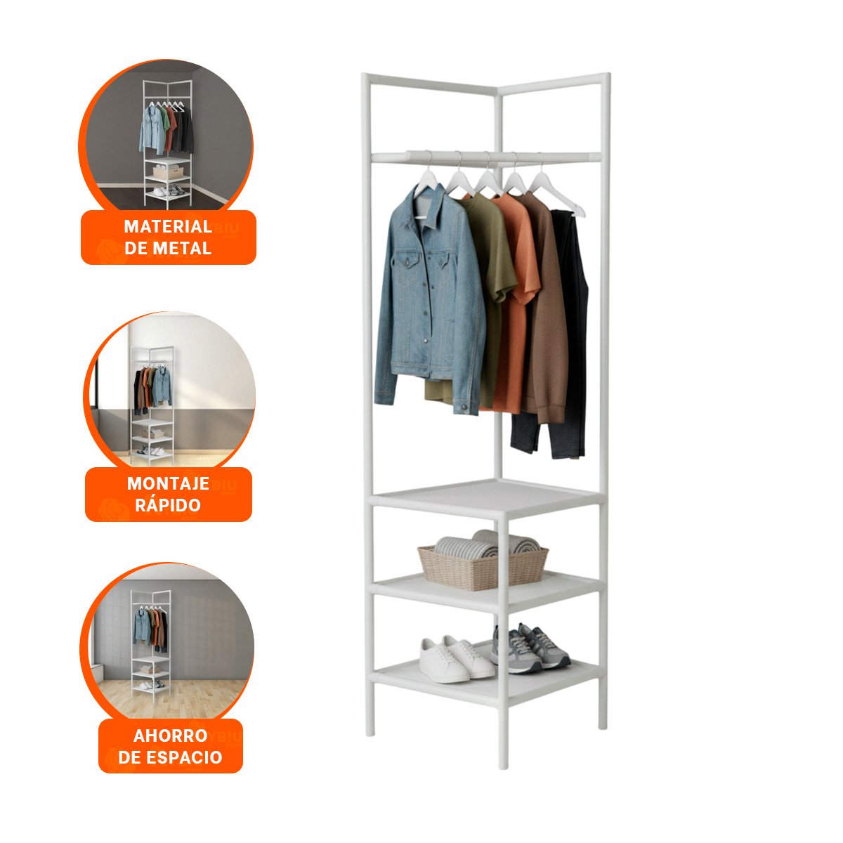 MUEBLE ESQUINERO CON PERCHERA Y SOPORTE PARA CALZADO PARA DORMITORIO U OFICINA Y+PAPEL REGALO - 5