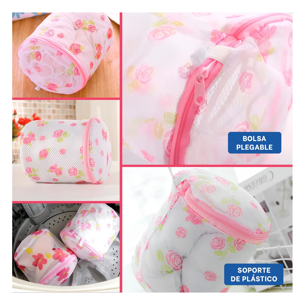 PACK4 BOLSO MALLA PARA LAVAR ROPA DISENO CILINDRO BLANCO CON FLORES SUAVE Y+REGALO STICKER - 2