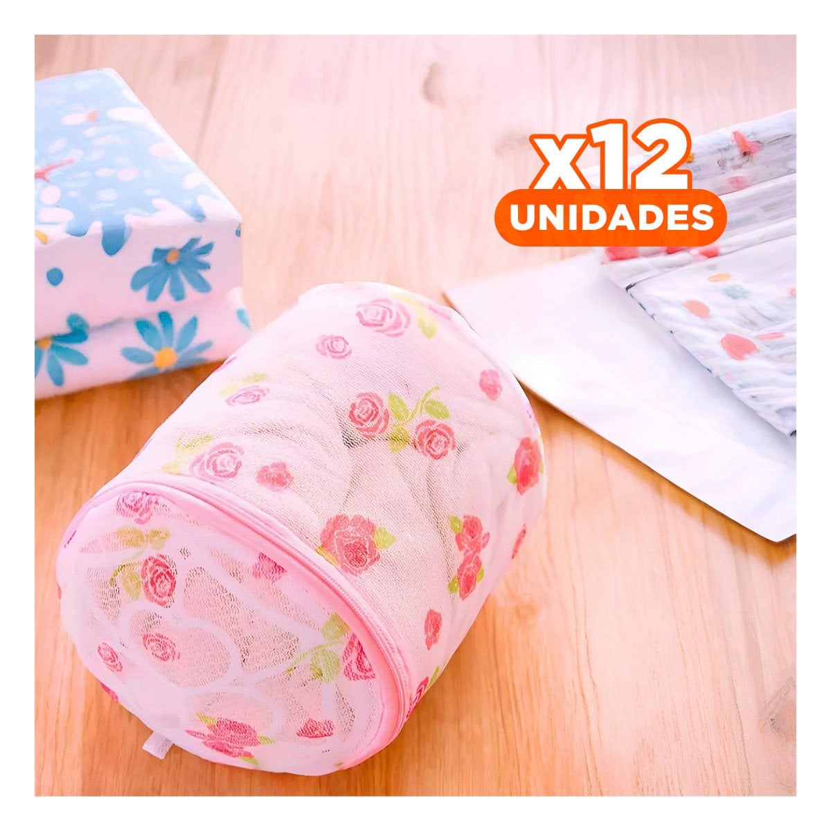 PACK12 SACO MALLA PARA LAVAR ROPA DISENO CILINDRO BLANCO CON FLORES SUAVE Y+PAPEL REGALO - 1