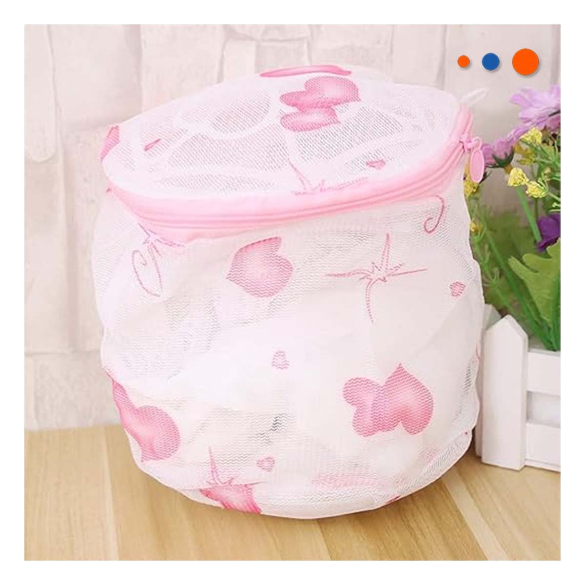 BOLSA MALLA LAVADO ROPA FORMA CILINDRO COLOR BLANCO DETALLE CORAZONES Y+PAPEL REGALO - 1