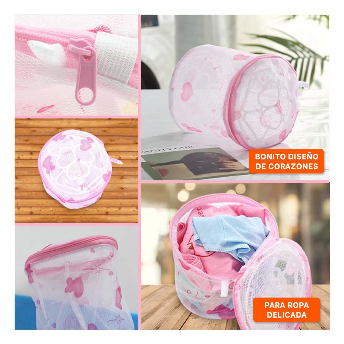 BOLSA MALLA LAVADO ROPA FORMA CILINDRO COLOR BLANCO DETALLE CORAZONES Y+PAPEL REGALO - 3
