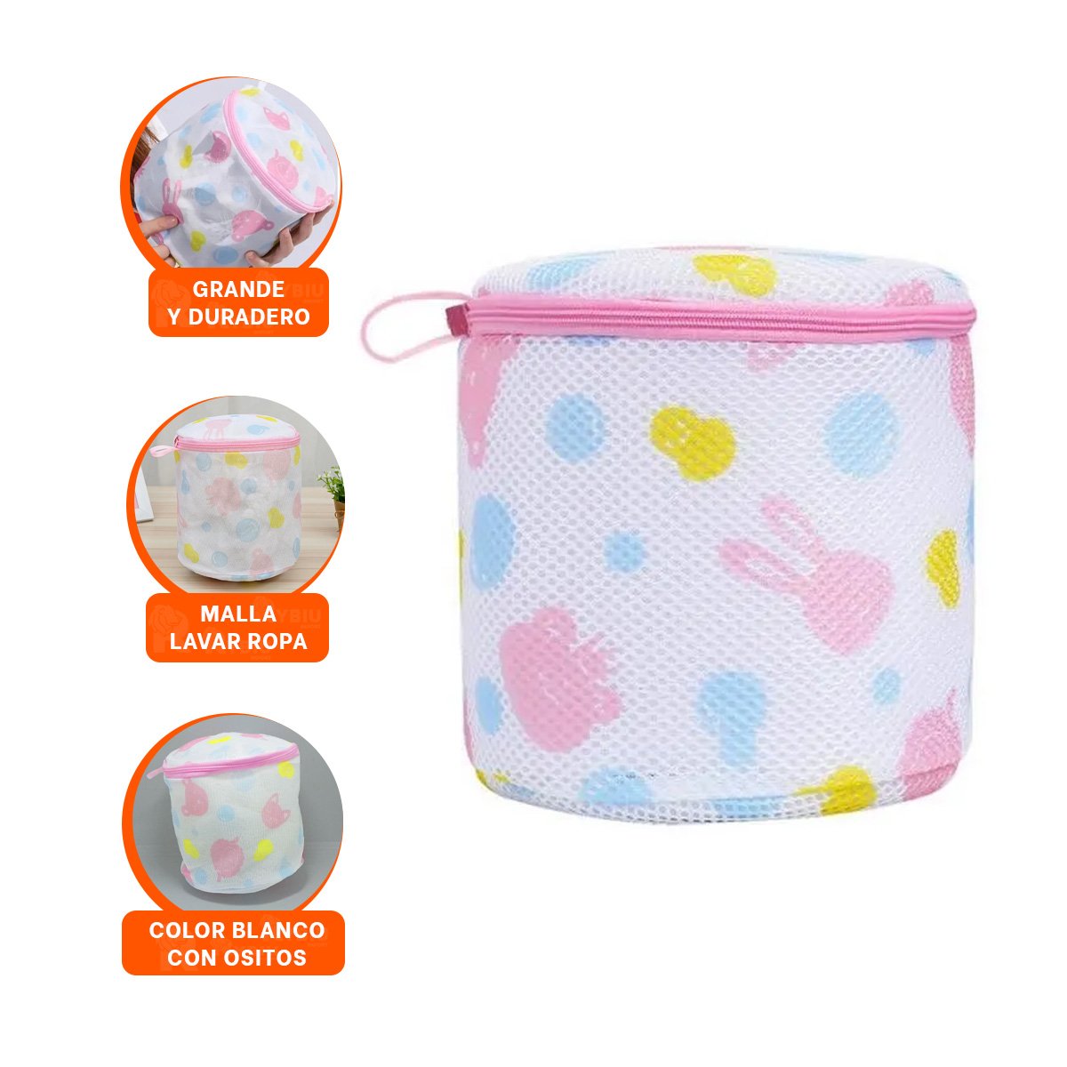 BOLSA MALLA PARA LIMPIEZA ROPA FORMATO CILINDRO BLANCO CON OSITOS SEGURO Y+POST IT - 5