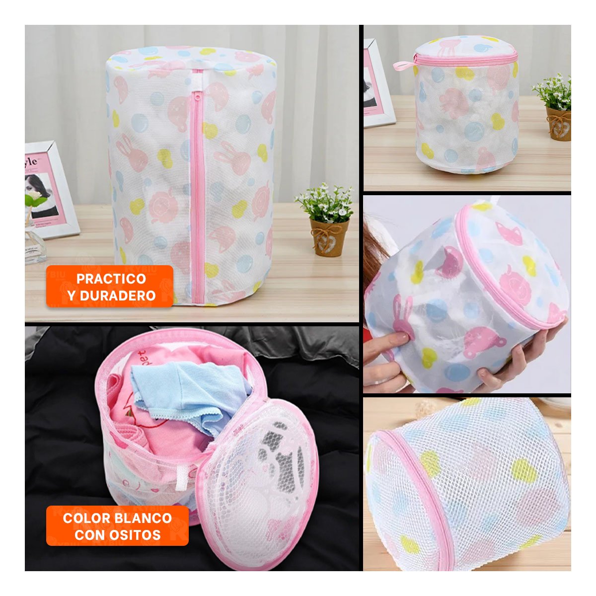 PACK12 BOLSO MALLA PARA LIMPIEZA ROPA FORMATO CILINDRO BLANCO CON OSITOS - 2