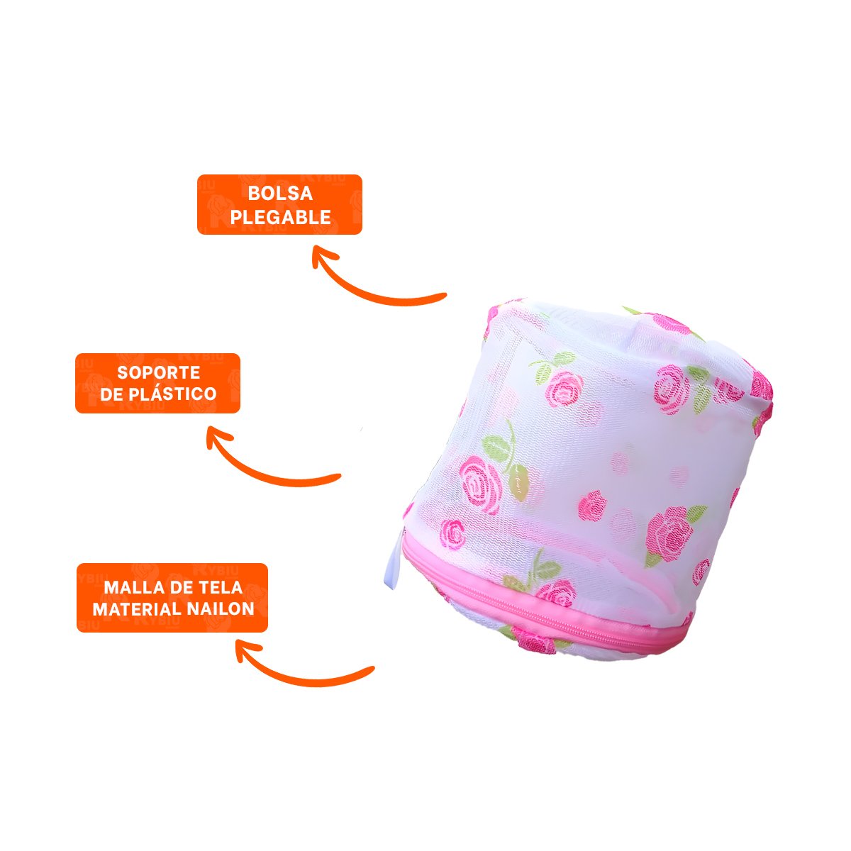BOLSA MALLA LAVADO ROPA FORMA CILINDRO BLANCO CON FLORES FINO USO DIARIO Y+PAPEL REGALO - 5