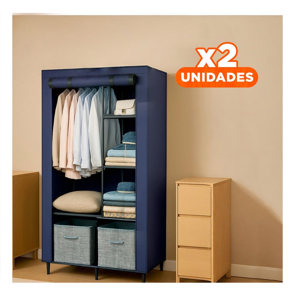 PACK2 VESTIDOR DE TELA CON ESTRUCTURA DE METAL 105X45X168CM AZUL HOGAR PRO Y+PAPEL REGALO - 1