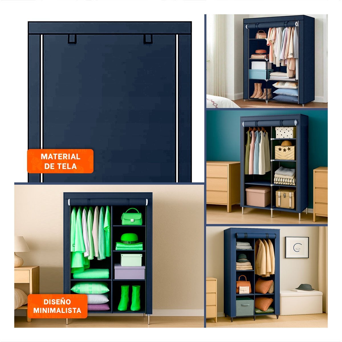 PACK2 VESTIDOR DE TELA CON ESTRUCTURA DE METAL 105X45X168CM AZUL HOGAR PRO Y+PAPEL REGALO - 3