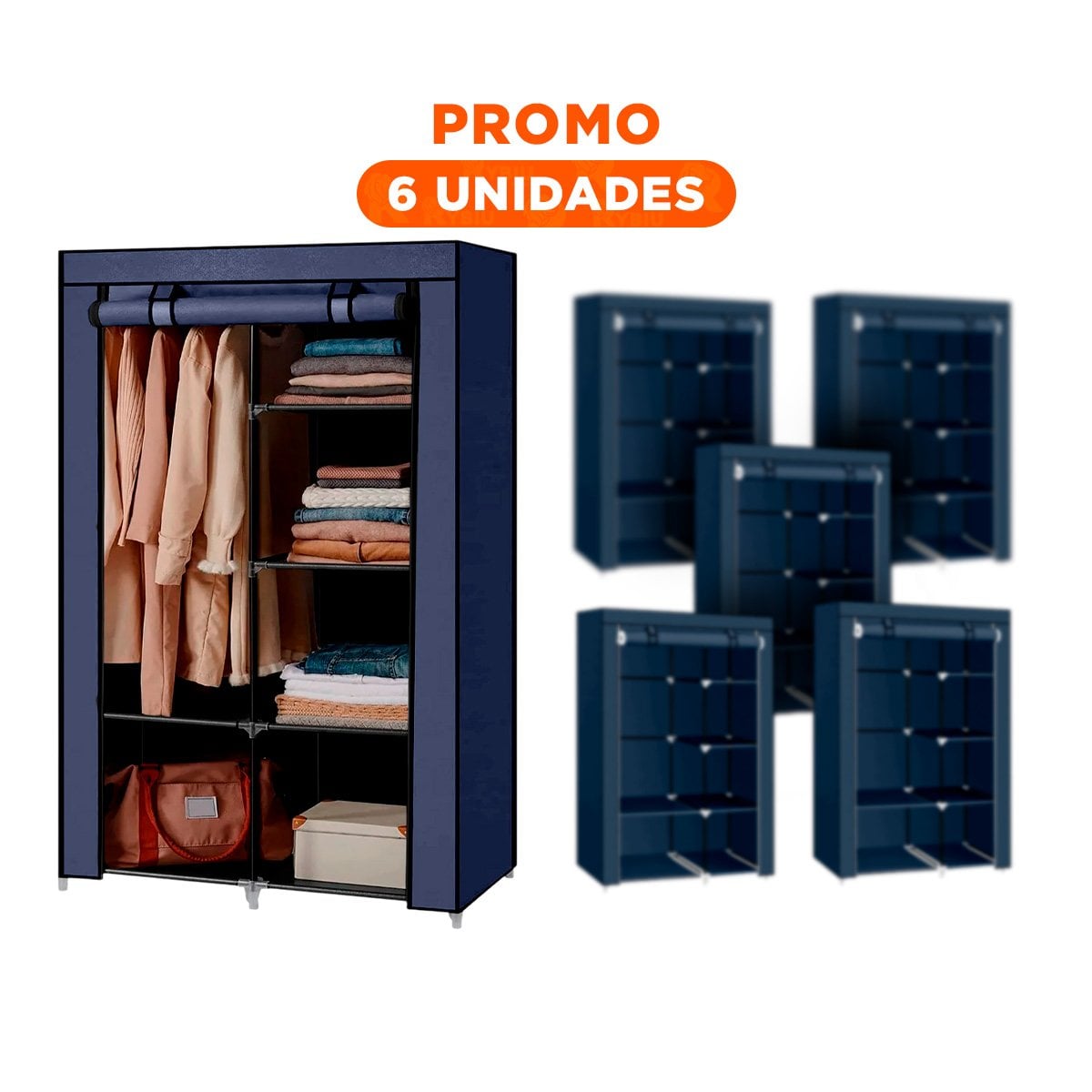 PACK6 ROPERO DE TELA CON ESTRUCTURA METALICA PLOMO HOGAR 105X45X168CM Y+REGALO STICKER - 1